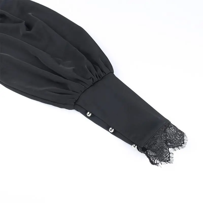 

652F Кружевной топ с капюшоном и высоким воротником-шалью Черный укороченный пуловер с длинными рукавами