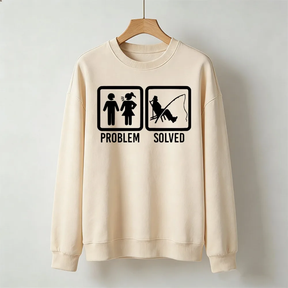 Fishing Sweatshirt Men Problem Solved Funny Graphic Long Sleeve Pullover Man Angler Design Stress Relief Hobby Gift Casual Tops