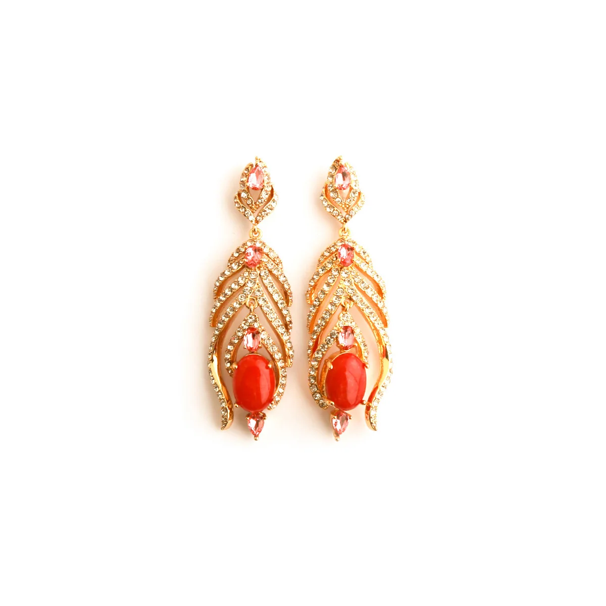 Vintage court style earrings red stone feather elegant shoulder-sweeping long earrings
