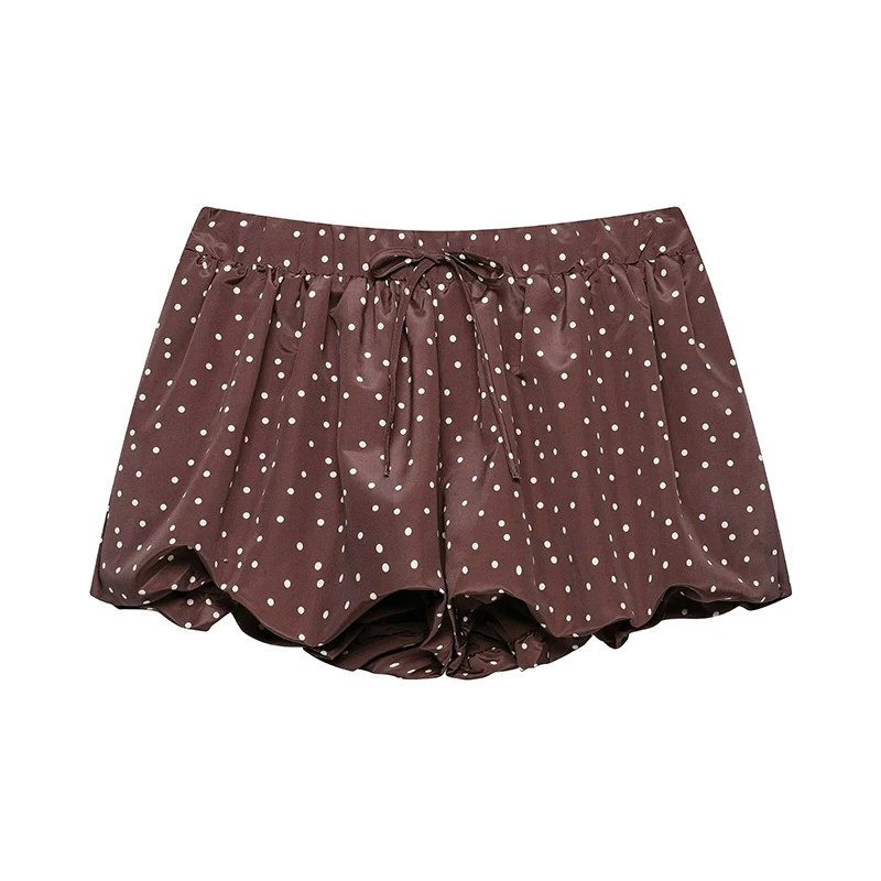 

YENKYE New 2026 Women Brown Polka Dot Balloon Skort Elastic Drawstring Waist Casual Summer Shorts