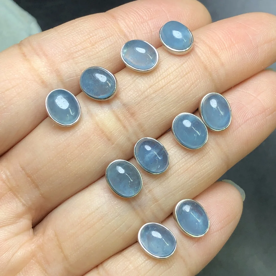 

1 Pair Fengbaowu Natural Aquamarine Oval Cabochon Earring 9MM 925 Sterling Silver Reiki Healing Stone Fashion Jewelry Gift Women