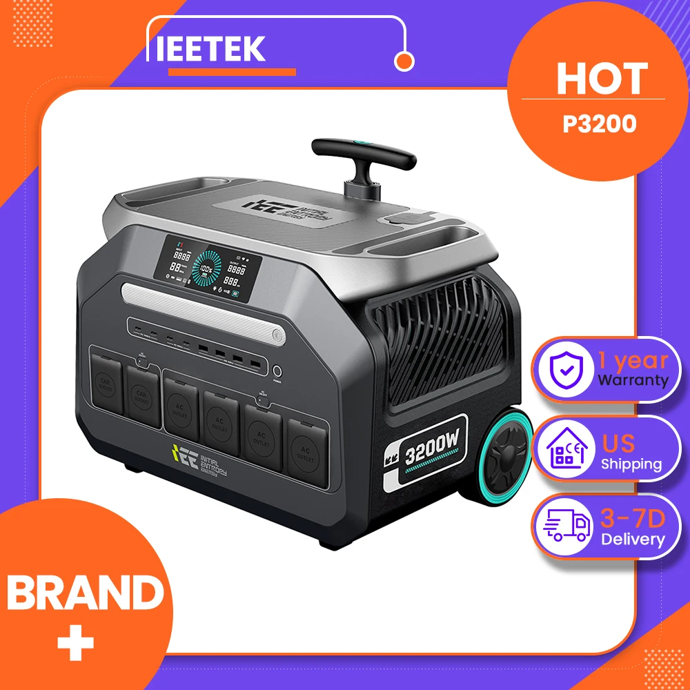 IEEtek P3200 3200W 2048Wh LiFePO4 Portable Power Station, Versatile Output Ports to Supply 16 Devices Simultaneously, 1000W (XT60i Port, 12-80V) PV Input (MPPT)