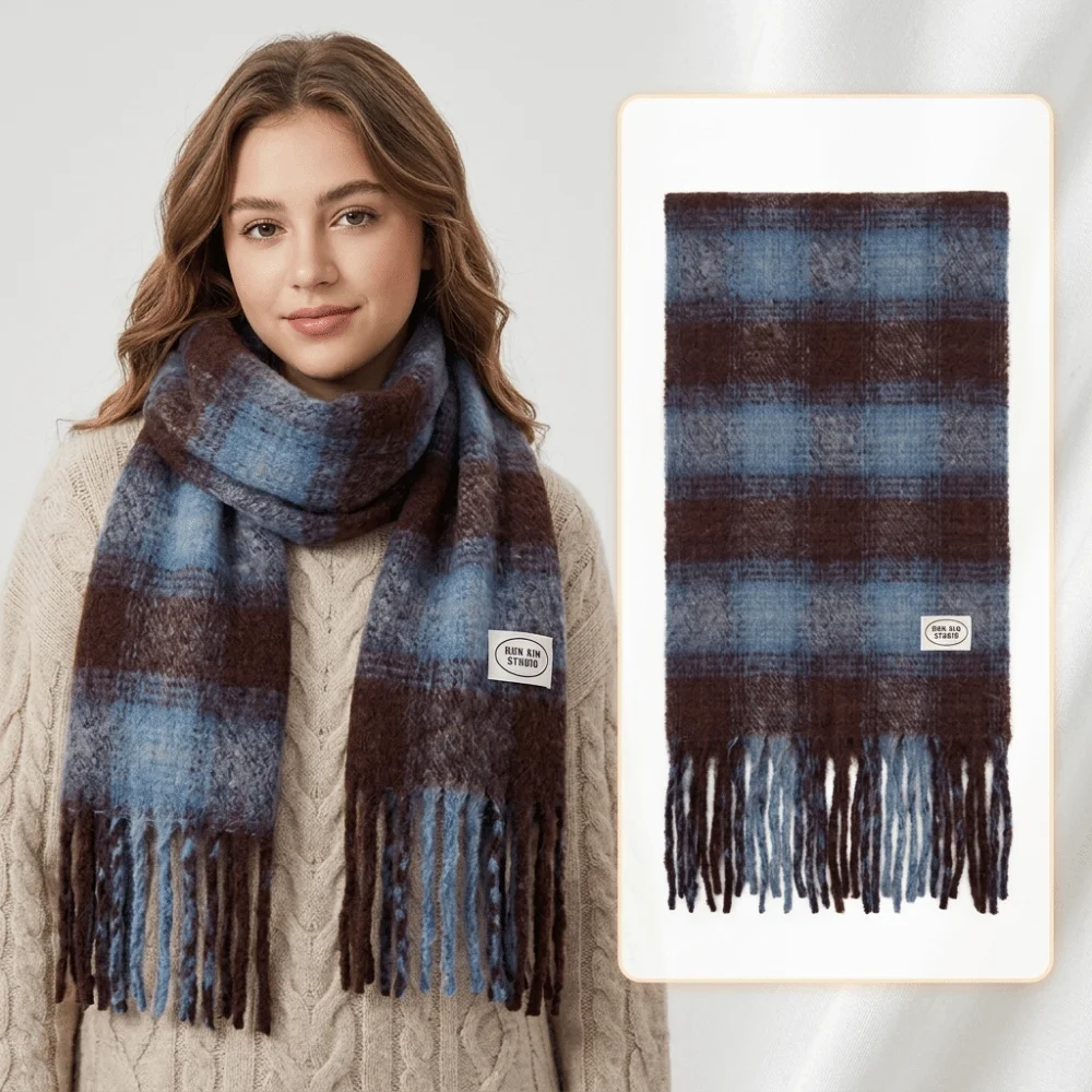 Warm Women Plaid Tassel Scarf Cold Proof Soft Circle Yarn Shawl 210x40CM(82.68x15.75in) Windproof Winter Neck Scarf Wrap Girls