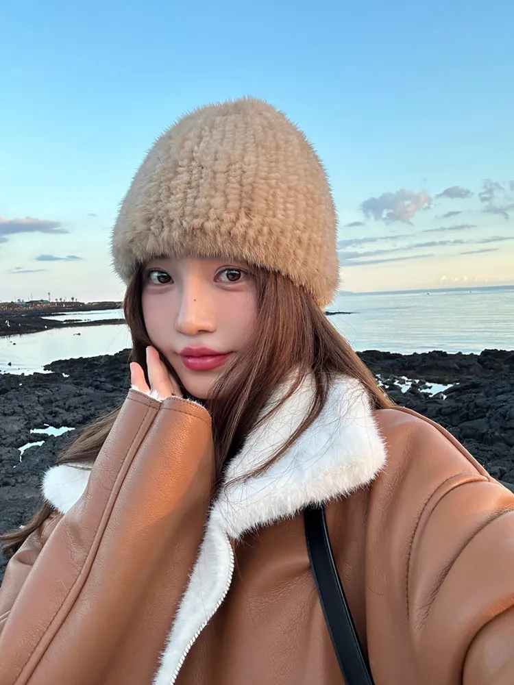 2026 New Genuine Real Natural Mink Fur Hat Cap Luxury Women Handmade Knitted Fashion Winter Headwear Fur Warm Beanies