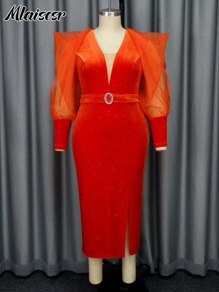 Mlaiscsr Luxury Elegant Wedding Guest Orange Dress Women V Neck Mesh Hollow Sleeve Bodycon Split Vestidos Birthday African Robe