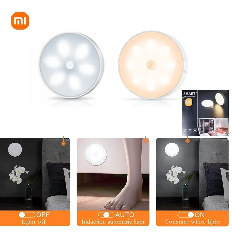 Xiaomi lampu malam LED, lampu malam LED dengan Sensor gerak, dapat diisi ulang USB dengan lampu baterai 700mAh nirkabel untuk lemari dapur, lampu tangga