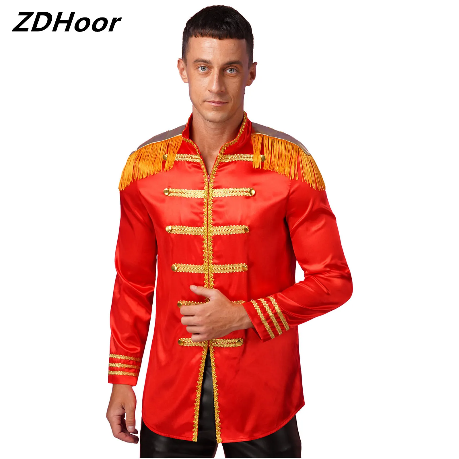 

Mens Halloween Hippy Medieval Long Outerwear Tassel Shoulder Boards Gold Trims Front Zip-up Satin Jackets Cosplay Costumes