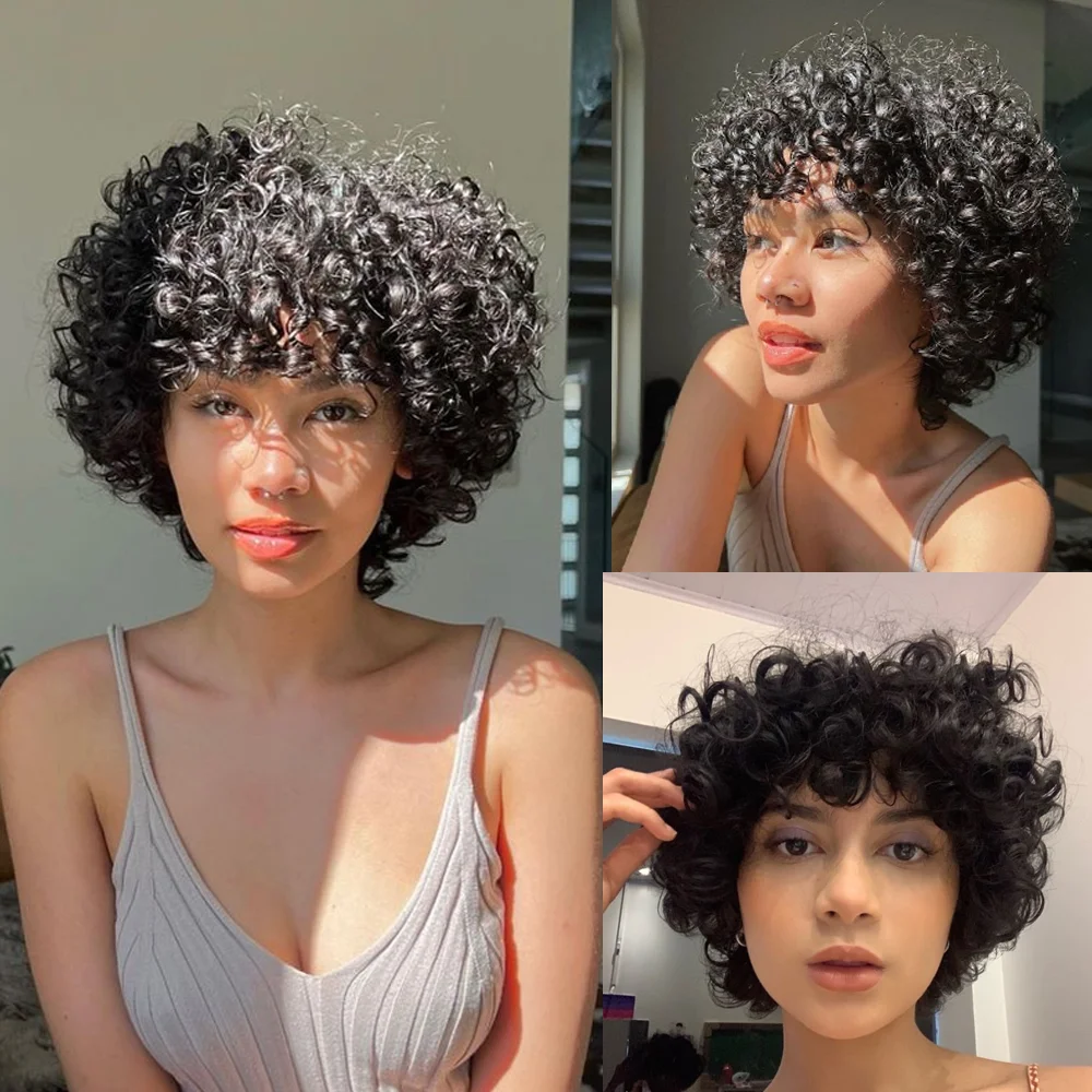 

Короткие бразильские парики из натуральных волос Jerry Curl с челкой, натуральные черные, темные для женщин, кудрявые вьющиеся волосы Remy, машинное производство