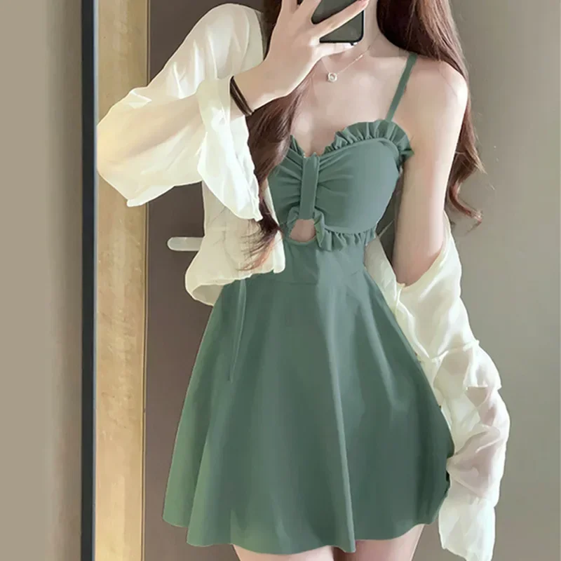 Traje de baño bonito y dulce con tirantes para mujer, 2 unidades/juego, ropa de playa Sexy de una pieza, traje de baño fino, traje de baño de cintura alta para niñas