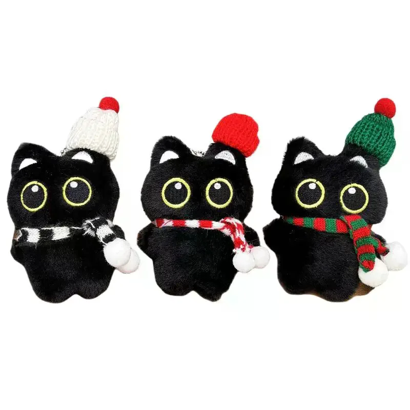 Cartoon Christmas Plush Black Cat Keychain Backpack Hanging Decoration Kawaii Soft Stuffed Doll Toy Bag Pendant Couples Gift