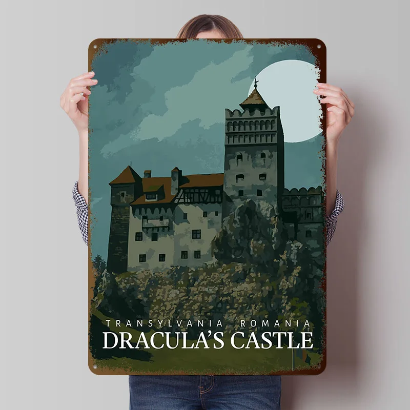 Dracula's Castle Transylvania Romania Printed Poster Customized Retro Wall Art Vintage Metal Tin Signs for Home Room Decoration