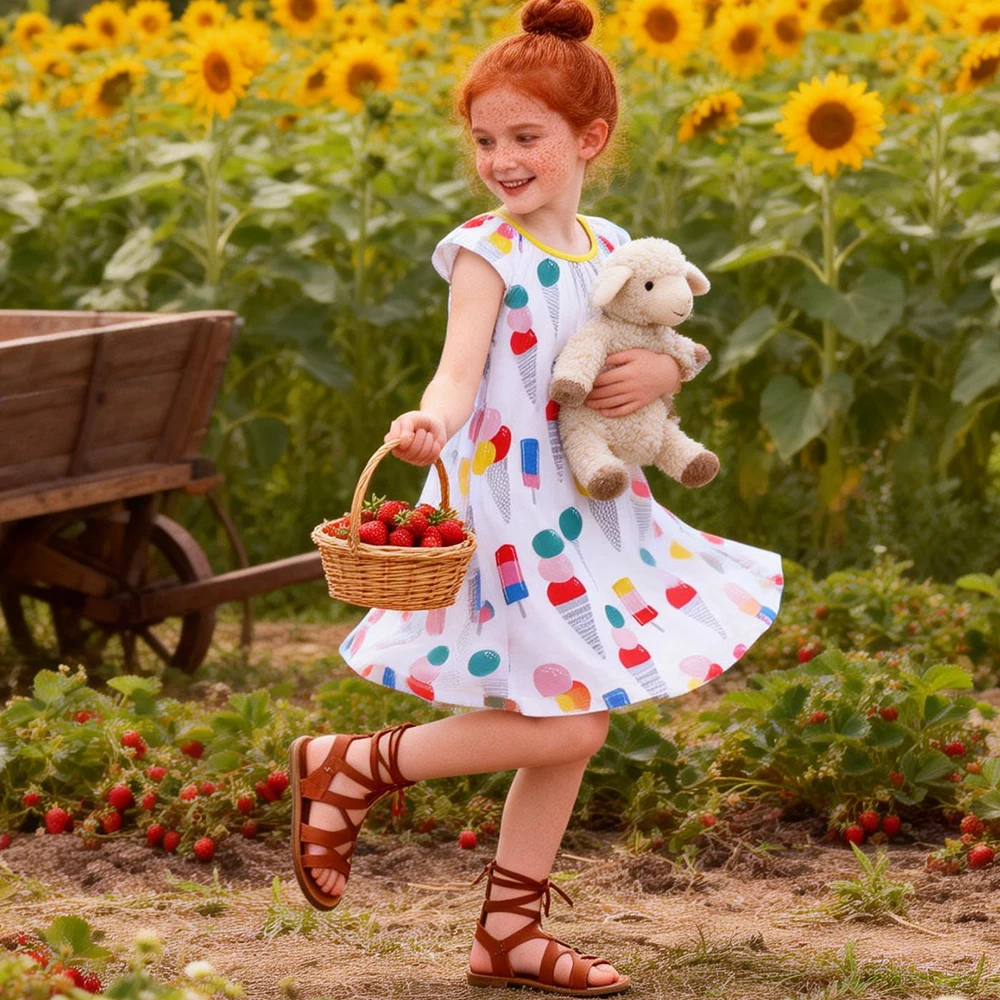 DXTON Summer Girls Dress Ice Cream Print Kids Sleeveless Outfits Beach Holiday Children Dress A-line Girls Casual Outerwear