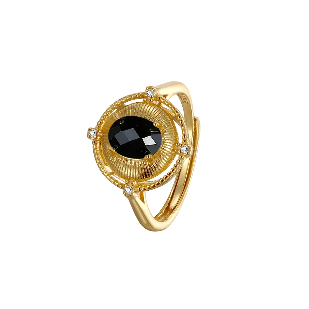 

Vintage 925 Sterling Silver 18K Gold Plated Ring with Black Spinel, Unique Textured Design Luxury Jewelry Gift for Women Ring