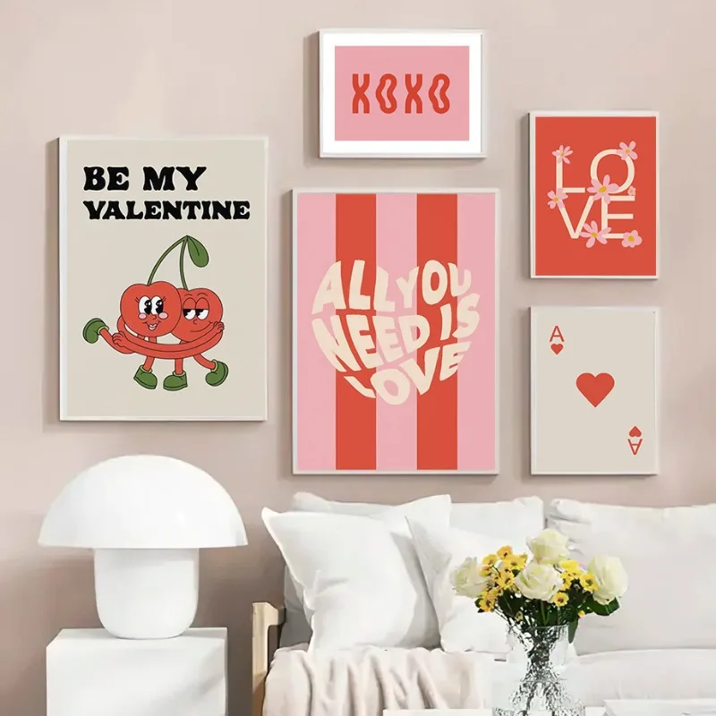 Valentine's Day Love Heart Fashion Wall Art Cherry Personalised Print Poster Pink Alphabet Bedroom