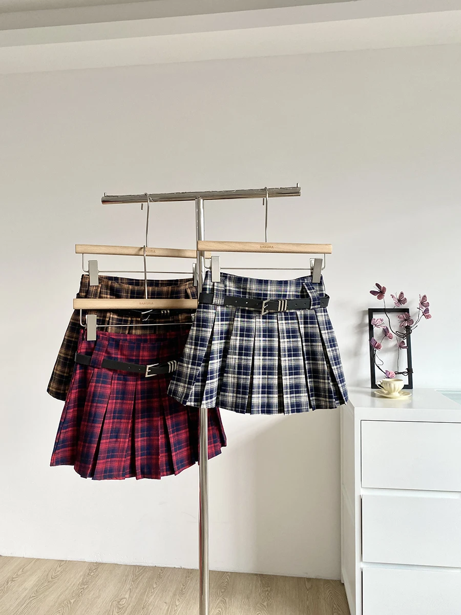 

Women's Summer Streetwear School Style Plaid A Line Mini Skirt Lady Vintage High Waist Pleated Short Skirt
