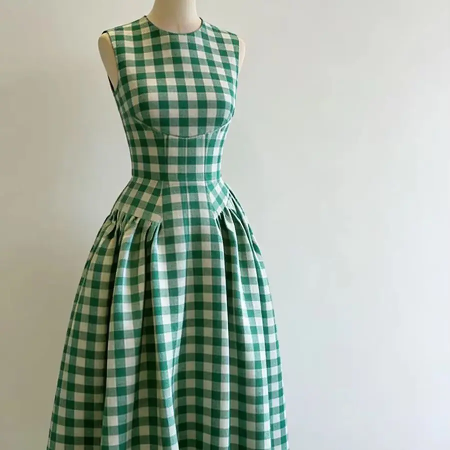 

Mint Green Grid Elegant Sleeveless Dress For Women'S Summer Niche Retro Temperament Slim Fit Long Skirt