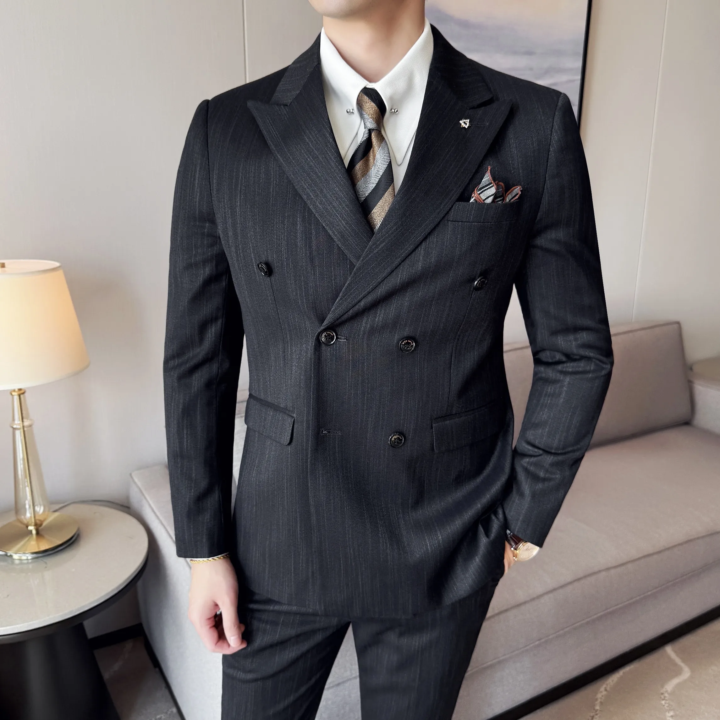 

Brand Business Casual Suit Men's Striped Double Breasted 3 Piece Set (jacket+vest+pant) Office Party Prom Wedding Groom Suits