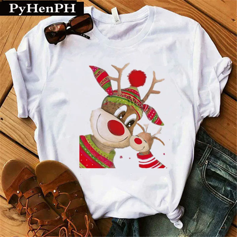 Merry Chirstmas T Shirt Cute Christmas Moose T-shirt Girl Short Sleeve Couple Bestie Outfit Instagram Tops  Women Clothes