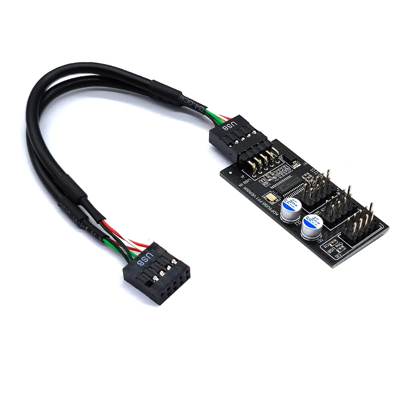 9Pin USB Hub Connector USB Splitter 1 to 3 USB2.0 9Pin Header Board + 30/60cm Cable for Water Cooling for RGB LED Fan Speed Test