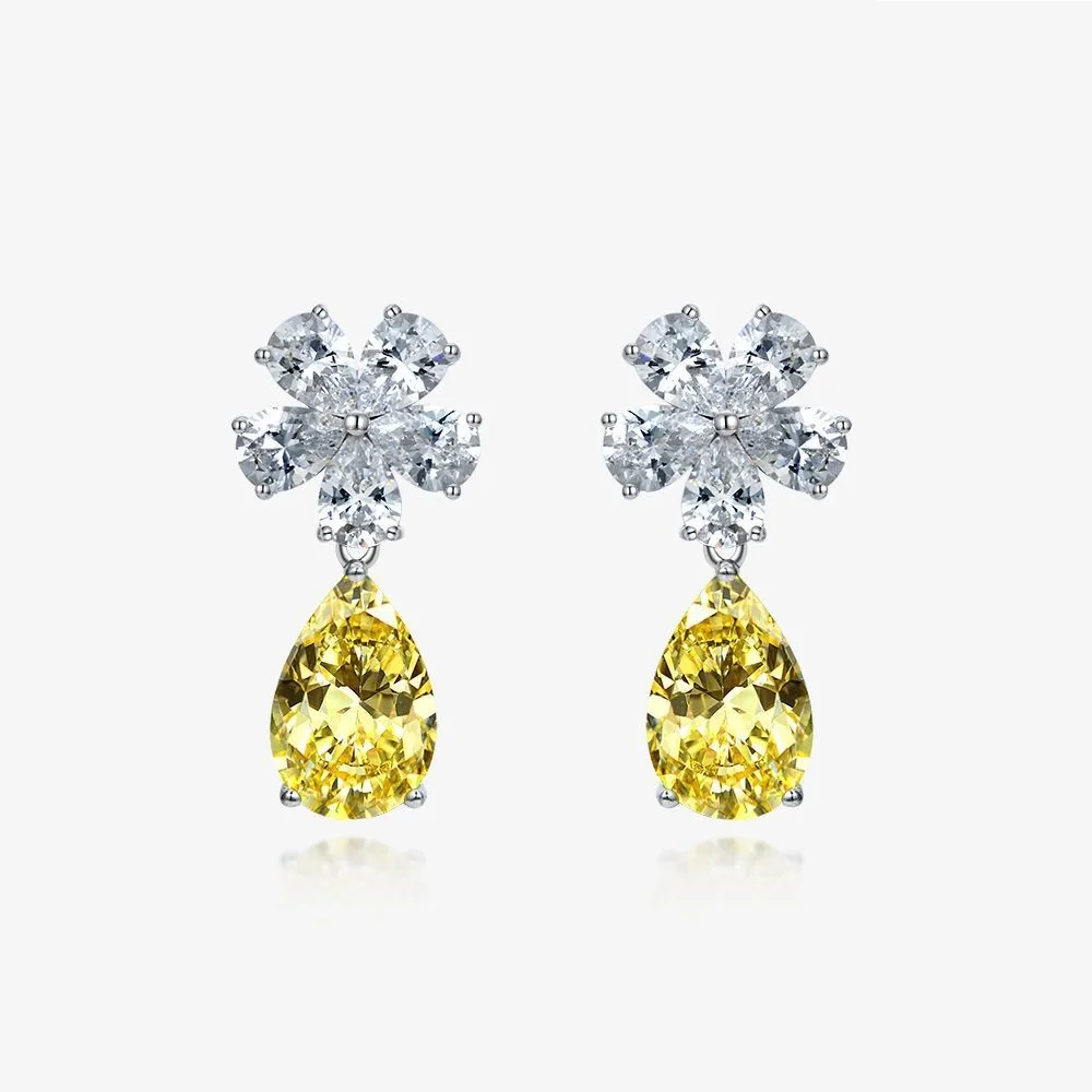 

Silver 925 Yellow Square lab diamond Citrine gemstone sterling silver flower drop earrings wedding jewelry for women