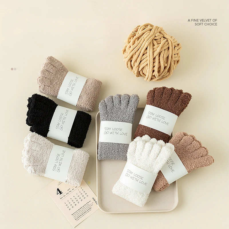 5 Pairs Coral Velvet Toe Socks Men Thickened Toe Socks with Separate Warm Winter Home Crew Plush Floor Five Finger Socks