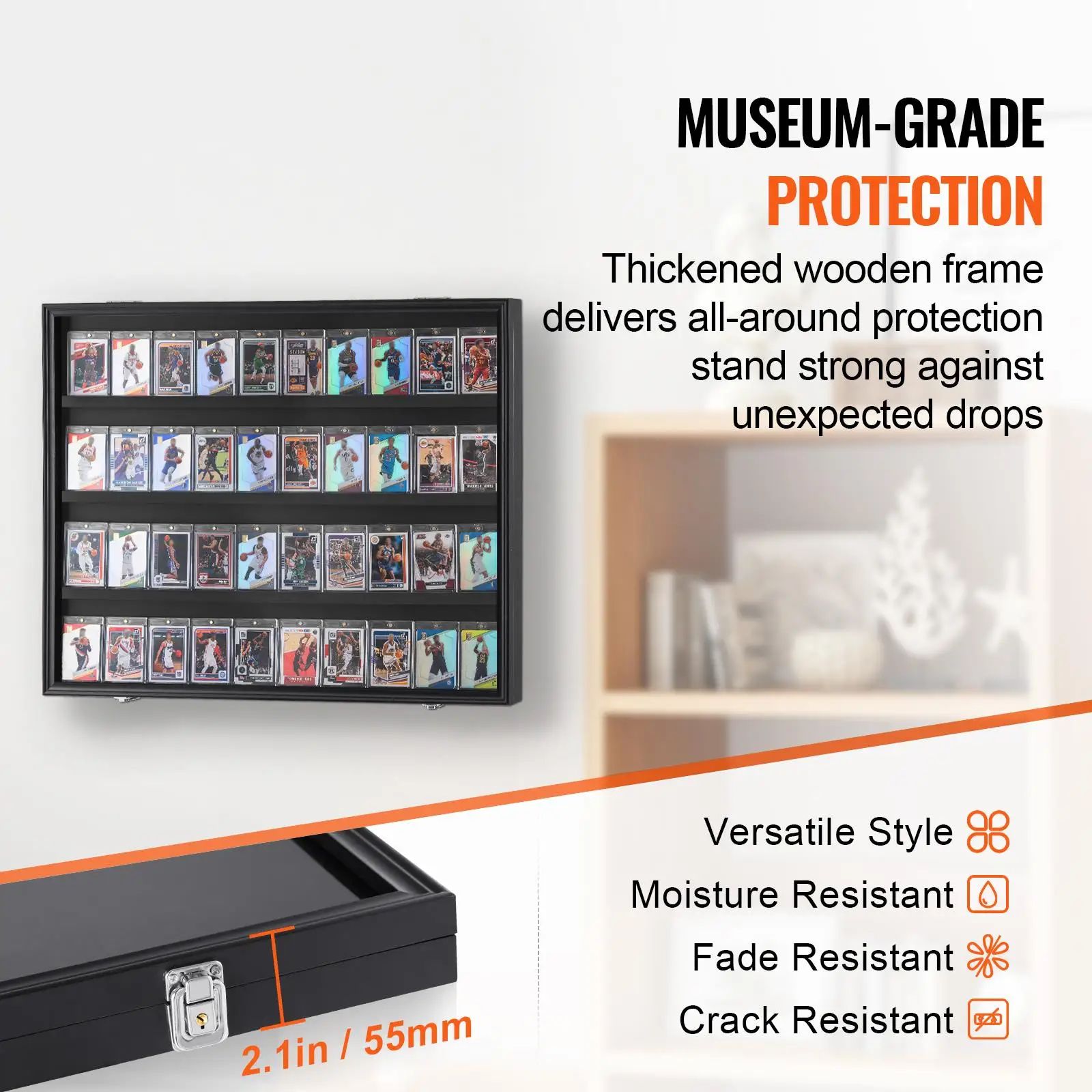 36 Graded Sports Card Display Case 30.5x24.3x2.1 in Lockable Wall Mount Cabinet with 98% UV Clear PC Glass for Baseball for football Basketball Hockey Trading Cards