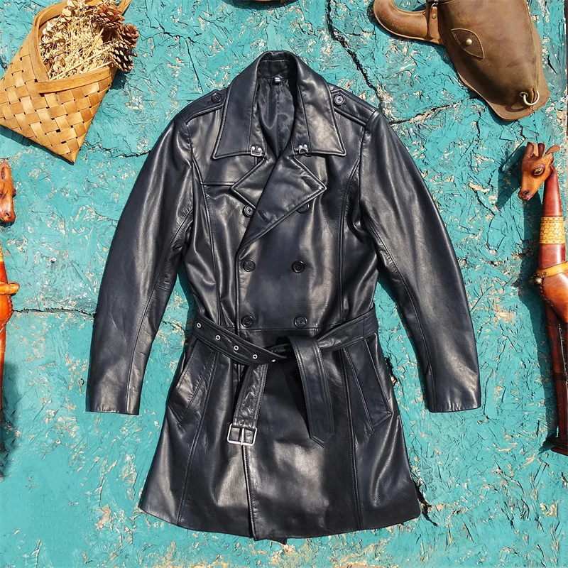 Black Autumn Long Leather Jacket Men Japan Casual Style Plus Size 3XL Genuine Cowhide Double Breasted Belt Windbreaker Coat