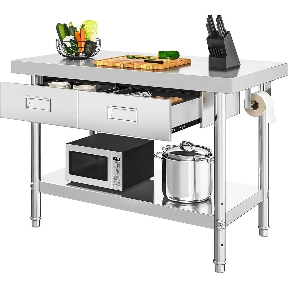 48 x 24 Stainless Steel Work Table with 2 Drawers, Suitable for Home, Kitchen, Restaurant, Garage, and Warehouse