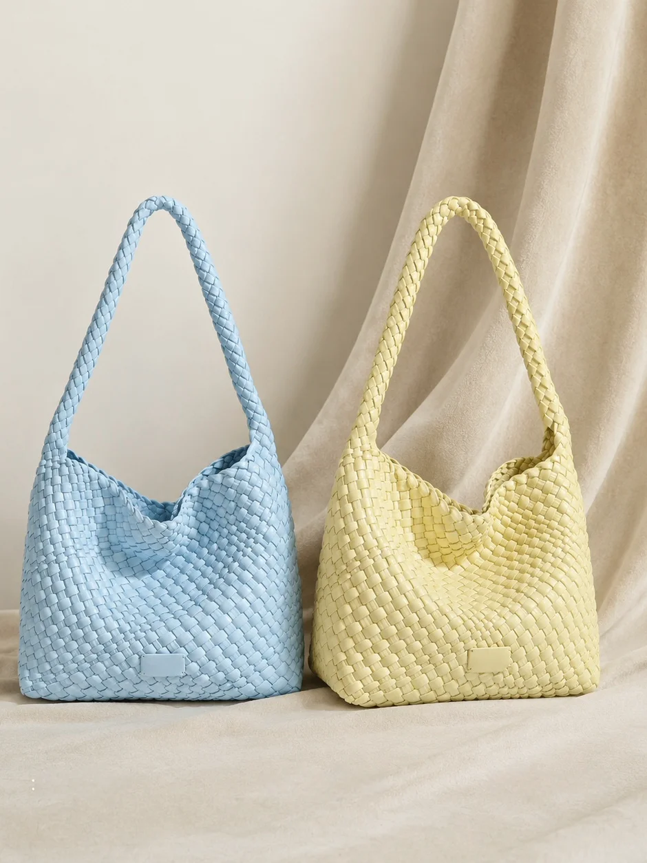 Handwoven Soft Leather Tote Bag Large Capacity Single Shoulder Bag Versatile Bucket Bag High End Feelings Pure Color Magnetic...