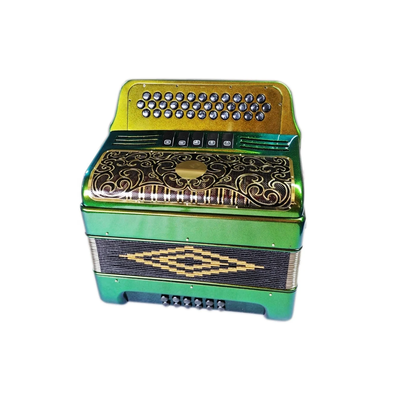 

Accordion 34 Buttons 12 Bass 5 Registers Green Orange Chameleon Body Black Gold Grill Black Buttons JB3412D