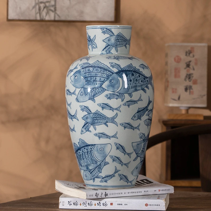 Ceramic Vase Fish School Pattern Blue and White Porcelain Vase Ceramic Handicrafts Carp Flowerpot Home Decoration Accessories