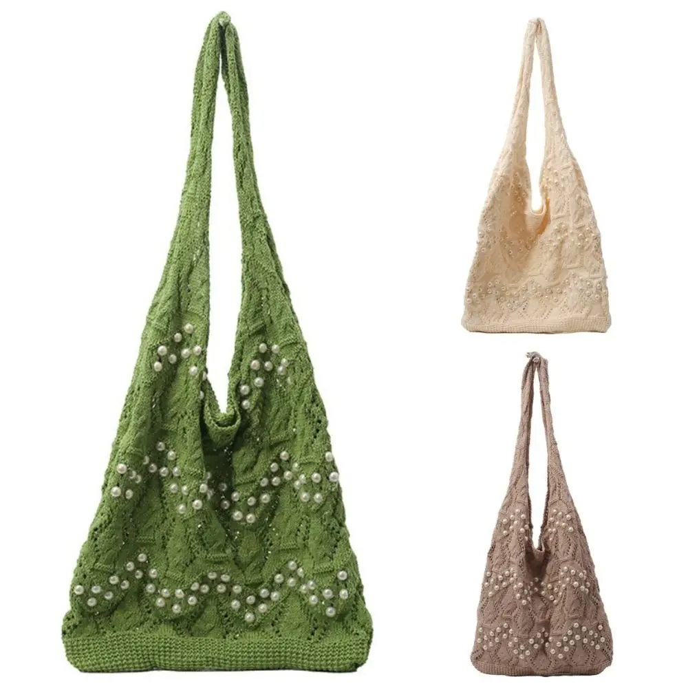 

Hollow Out Women Knitting Shoulder Bag Large Capacity Beaded Decoration Casual Crochet Bag Portable Simple Sundries Storage Bag