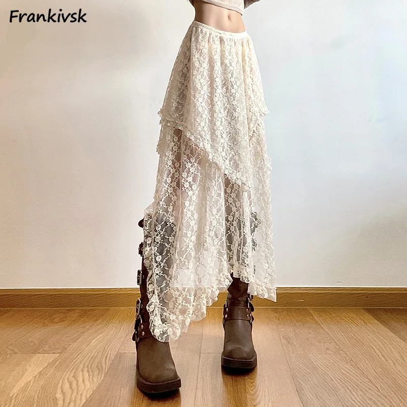 

Skirts Women Asymmetrical Summer Bohemain Y2k Lace-design High Street Midi-calf Loose Fashion Hotsweet Aesthetic College Daily