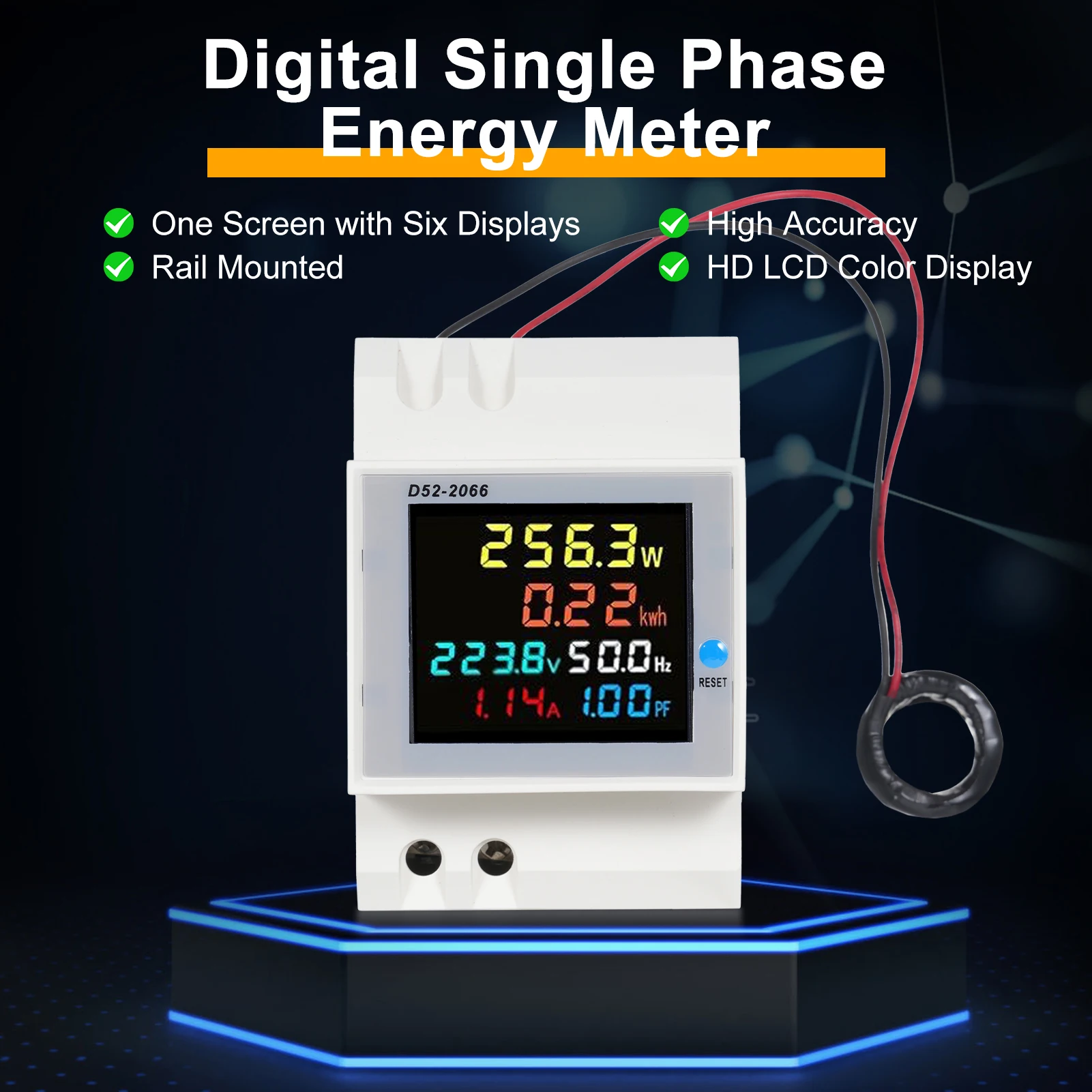6 in 1 Digital Single Phase Energy Meter Tester Din Rail AC Monitor Voltage Current Power Factor Active KWH 100A Electricity