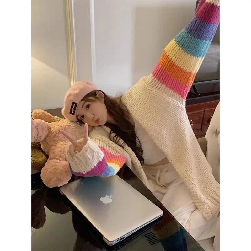 utumn and Winter 2023 New Top with Korean Slouchy Style Design and Unique Small Crowd Contrast Rainbow Knitted Sweater Cardigan