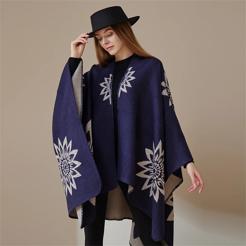 

Autumn Winter Warm Knitted Thicken Printed Floral Shawl Faux Cashmere Women Split Cape Bat Type Jacquard Outerwear Poncho Cloak