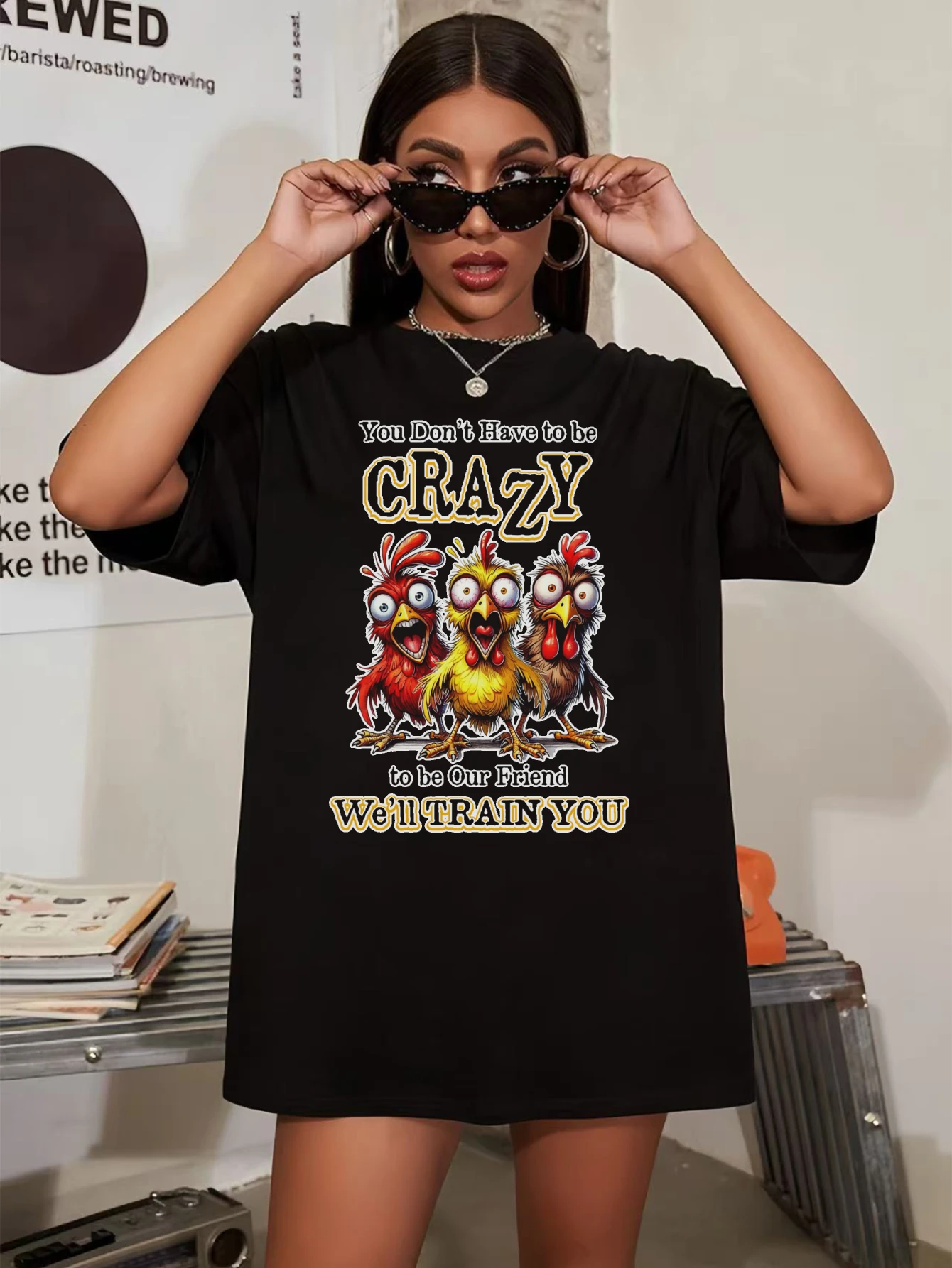 

Черная рубашка Rooster Crazy Friend с круглым вырезом для женщин, удобная осенняя одежда больших размеров, мягкие праздничные наряды на Хэллоуин