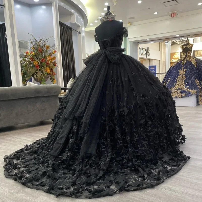 ANGELSBRIDEP 3D Lace Flowers Black Gothic Quinceanera Dresses With Bow Back Beading Sweet 16 Pageant Party Ball Gowns Customized