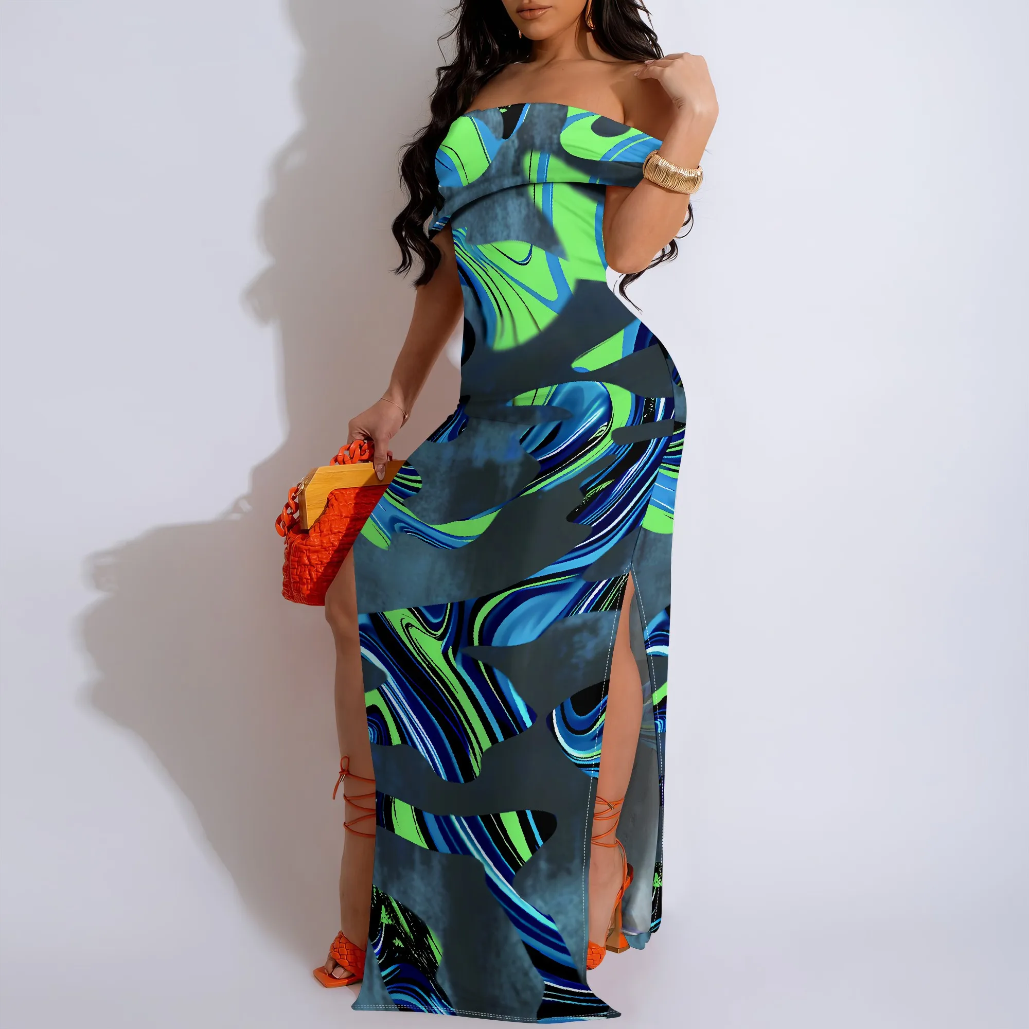 

Womens Sexy Casual Dresses for Curvy Women 3D Printed halterneck dress Short Sleeve Off-shoulder Splits On Both Sides Maxi Dres