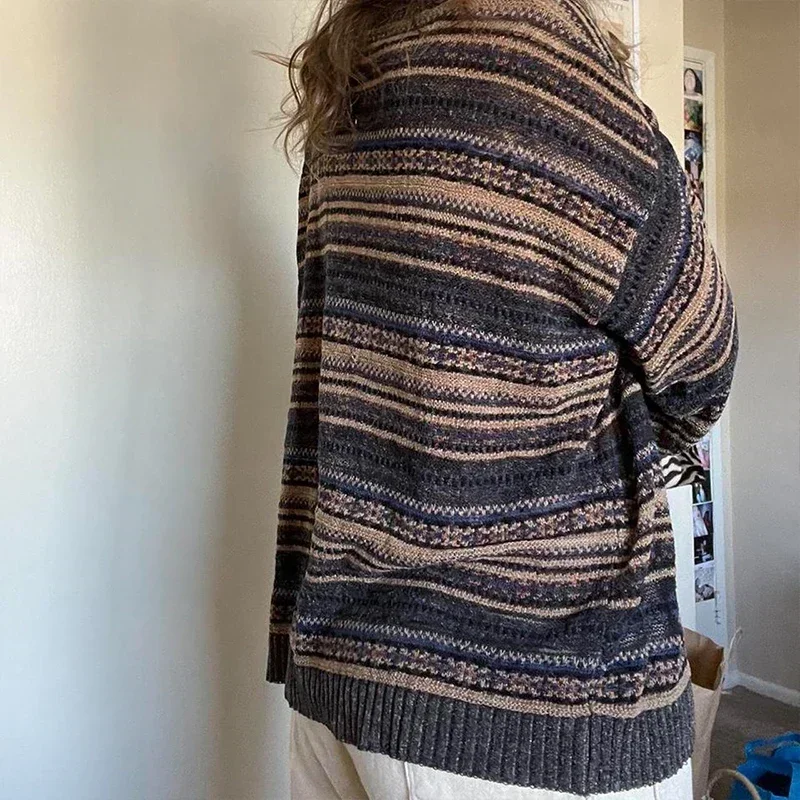 Vintage Y2K 00s Donna Cottage Grunge Maglione lavorato a maglia a righe Autunno O Collo Maglieria a maniche lunghe Stile Preppy Pullover larghi
