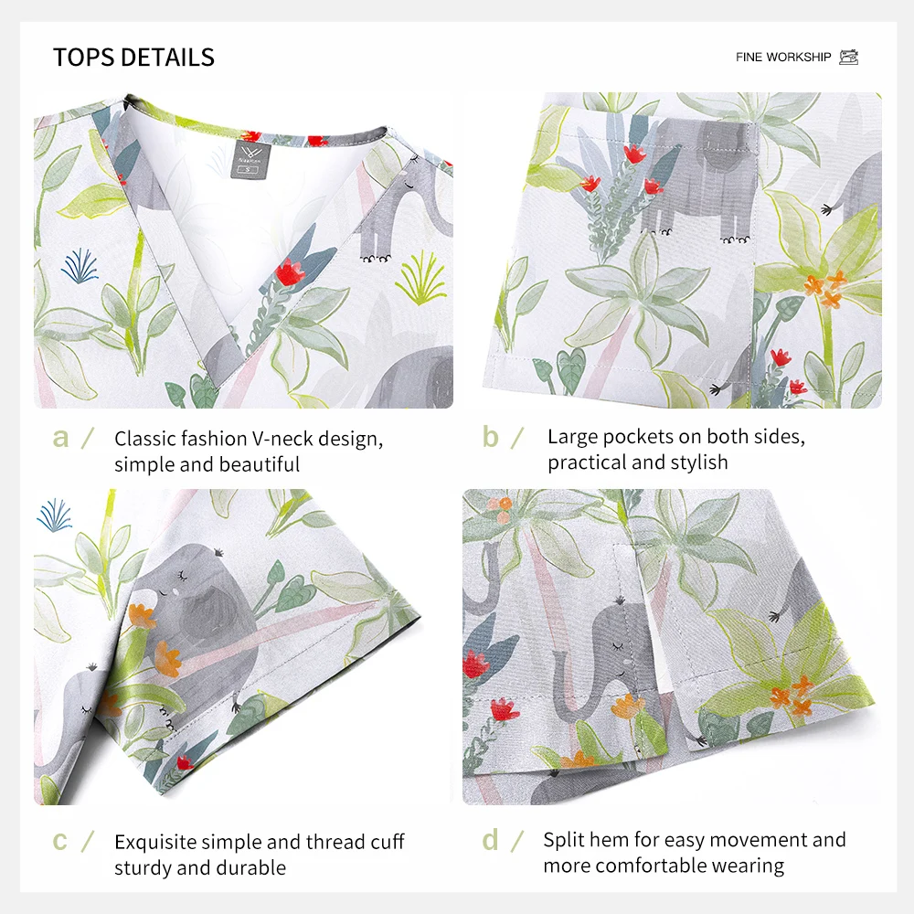 ニアヒン ペット看護ユニフォーム 作業服 スクラブセット ポケット付き 漫画プリント Vネック 医療ユニフォーム 半袖コスチューム