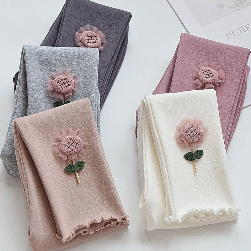 

0-7Y Girl Clothes High Cotton Leggings Spring Autumn Thin Style Cute Flower Embellished Kids Pants