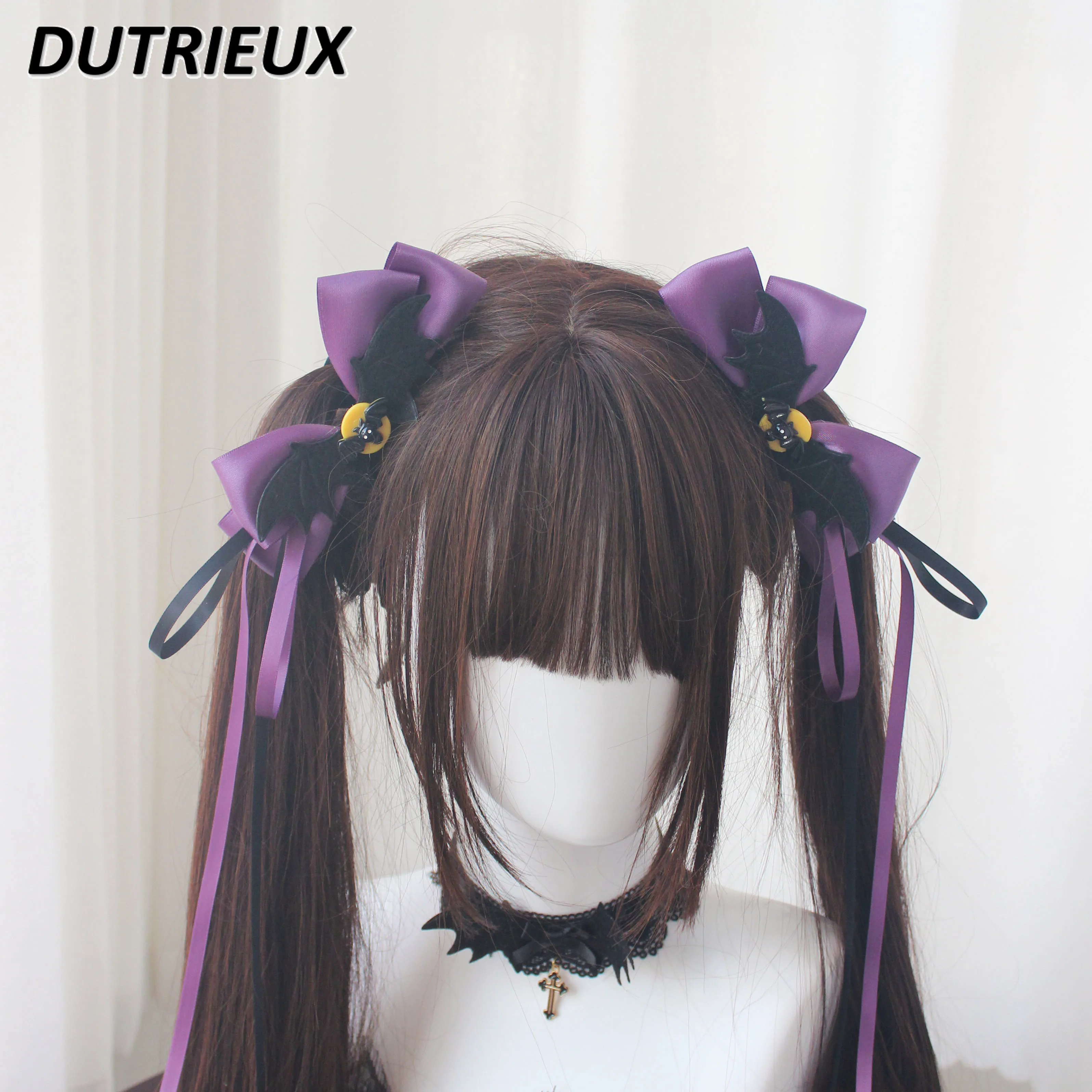 

Dark Girl Bat Demon Wings Halloween Hairpin Women A Pair of Hairclips Lolita Sweet Ribbon Side Clip Horse Tail Hair Accessories