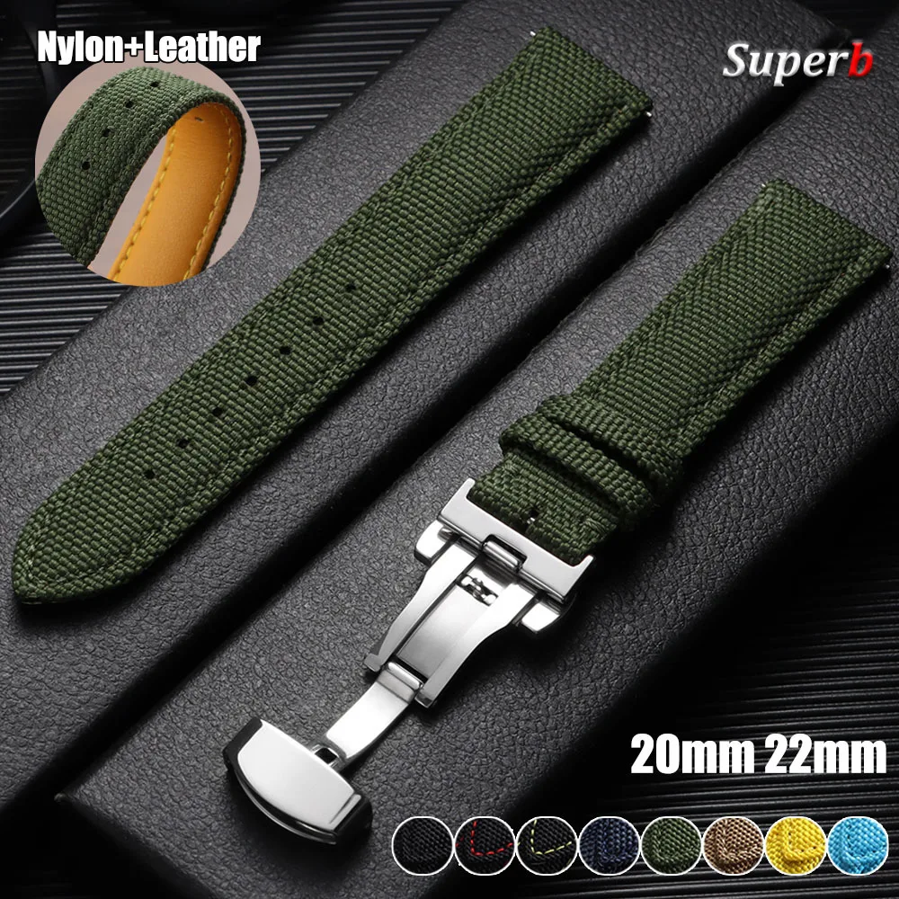 20mm 22mm Nylon-Segeltuch Leder-Uhrenarmband mit Schmetterlingsverschluss Universelles Business-Band für Omega für Seiko Uhrenarmband