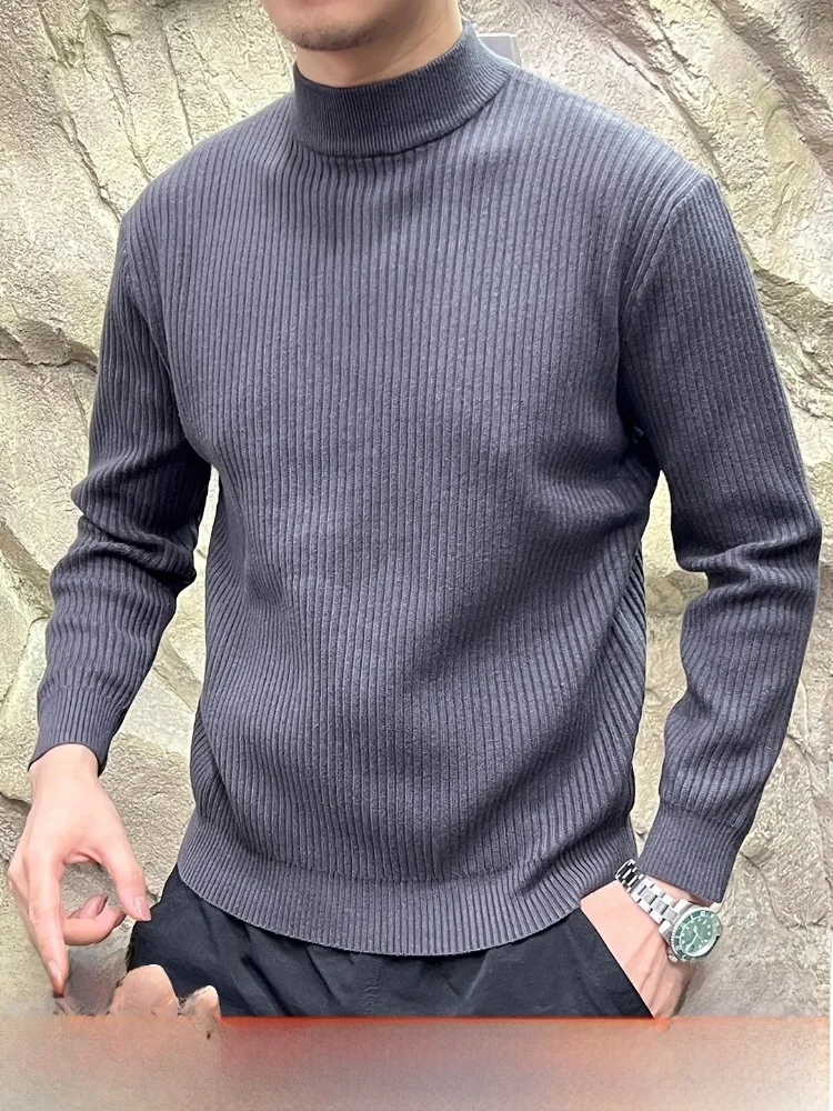 

Faionable Urban Men's Knitted Sweater f High Ne Warm Pure Color Autumn Winter Faion Texture Stripe Pattern