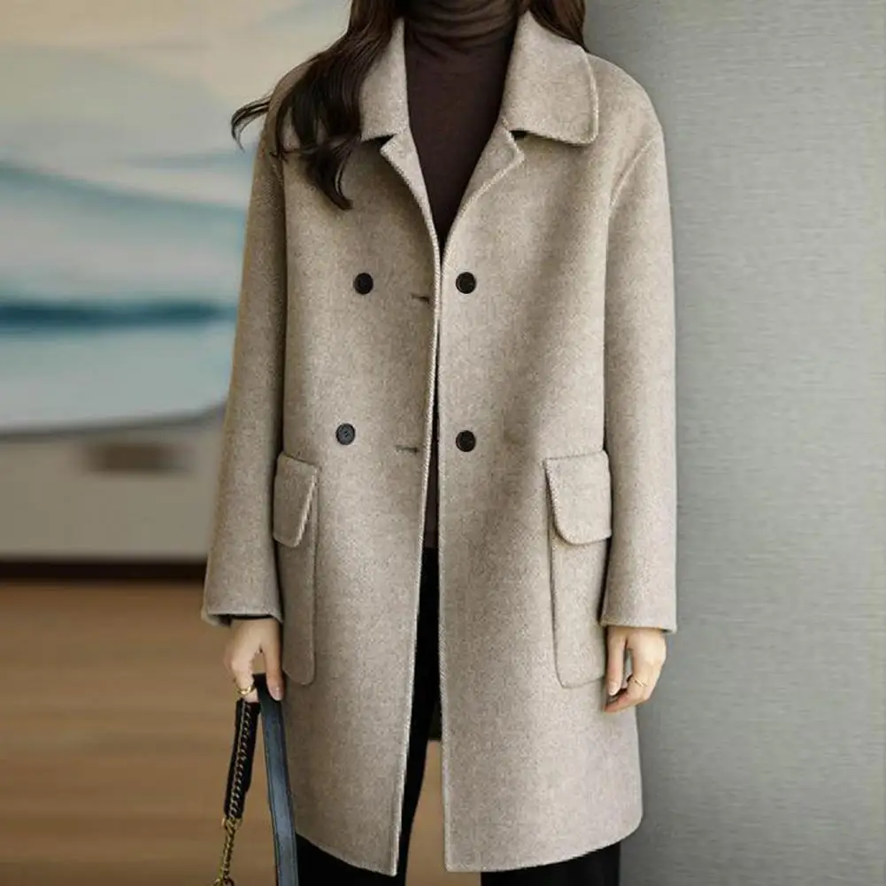 Trendy Pocket Design Thickened Women Overcoat Outdoor Outwear Gift Lapel Collar Polyester Women Overcoat for Daily Wear