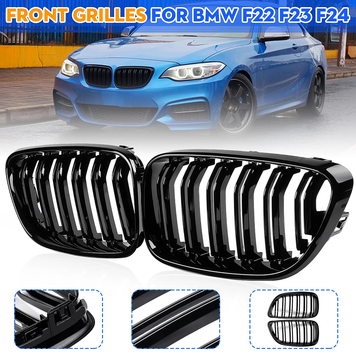 Kühlergrill für BMW 2er F22 F23 F24 F87 M2 2012–2018, Auto-Frontstoßstangengitter, Nieren-Renngrill, Doppellamellen-Gitter, glänzend schwarz