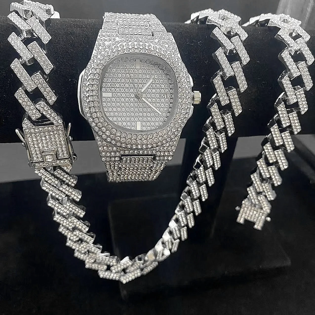 

3 шт. часы Iced Out для мужчин, золотые часы, кубинские звенья, цепочки, браслет + ожерелья с бриллиантами, комплект ювелирных изделий в стиле хип-хоп, мужские часы, роскошные