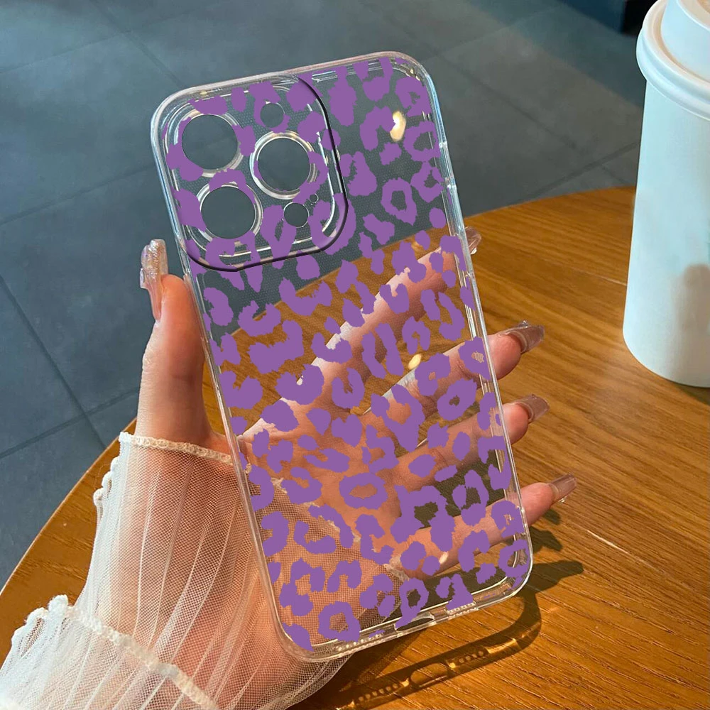 

For Iphone 17 Pro Max Air 16 15 14 13 Plus Phone Case Rendering Purple Leopard Print Silicone Shockproof Clear Girls Soft Cover