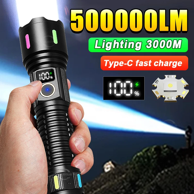 Most Powerful 500000LM Flashlight Super Bright Rechargeable Tactical Flashlight Led Torch Long Range  Zoom Camping Lantern